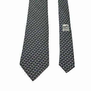 HERMES Tie Necktie Silk Handmade Tusk Chain Link Pattern 7043Dark Blue Beige